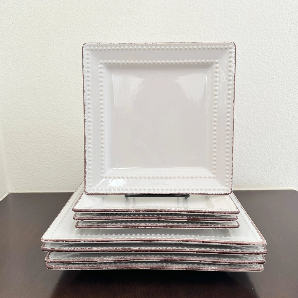Happiness Square Beaded Stoneware Dinnerware Set – Brown Trim, Set of 8