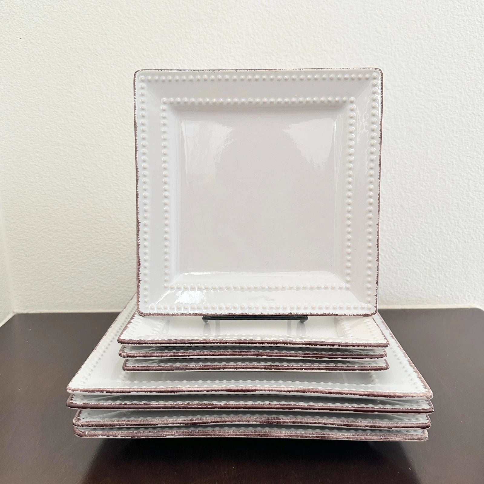 Happiness Square Beaded Stoneware Dinnerware Set – Brown Trim, Set of 8