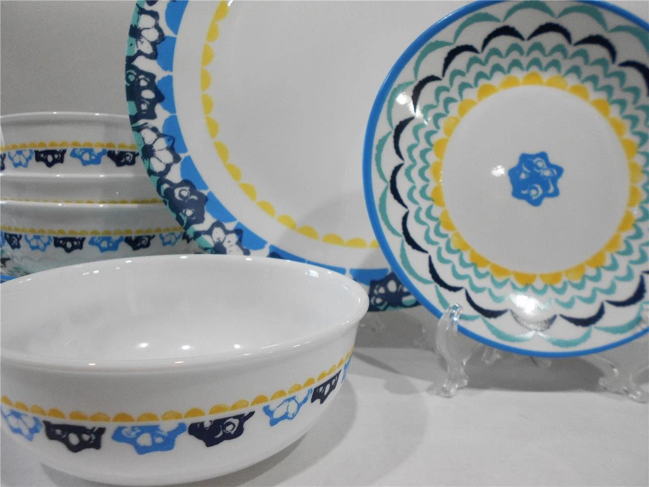Happiness Boho Daydream 12-Piece Dinnerware Set – Yellow Blue Teal Florets