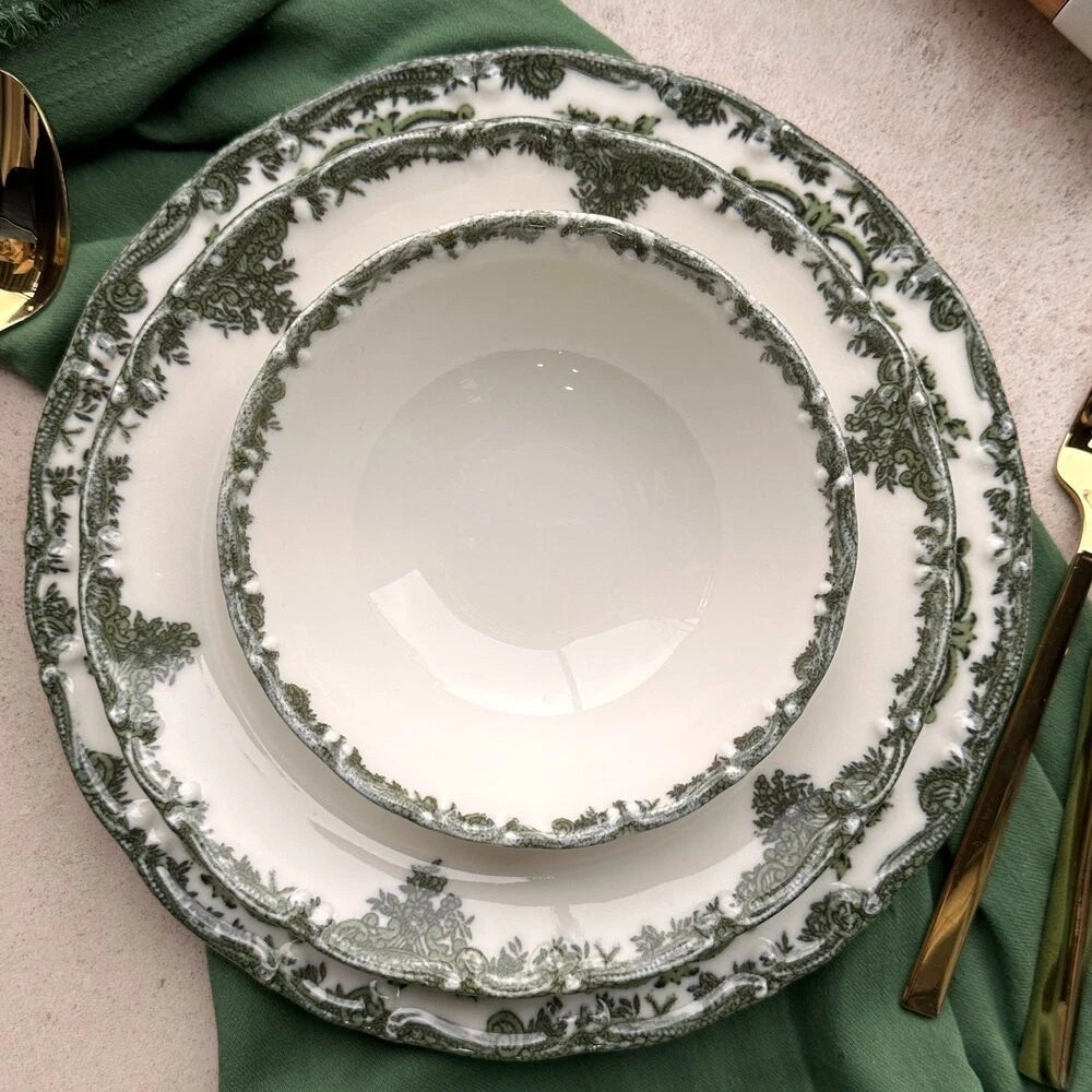 Happiness Antique Green 24-Piece Premium Porcelain Dinnerware Set – 6 Person Lux