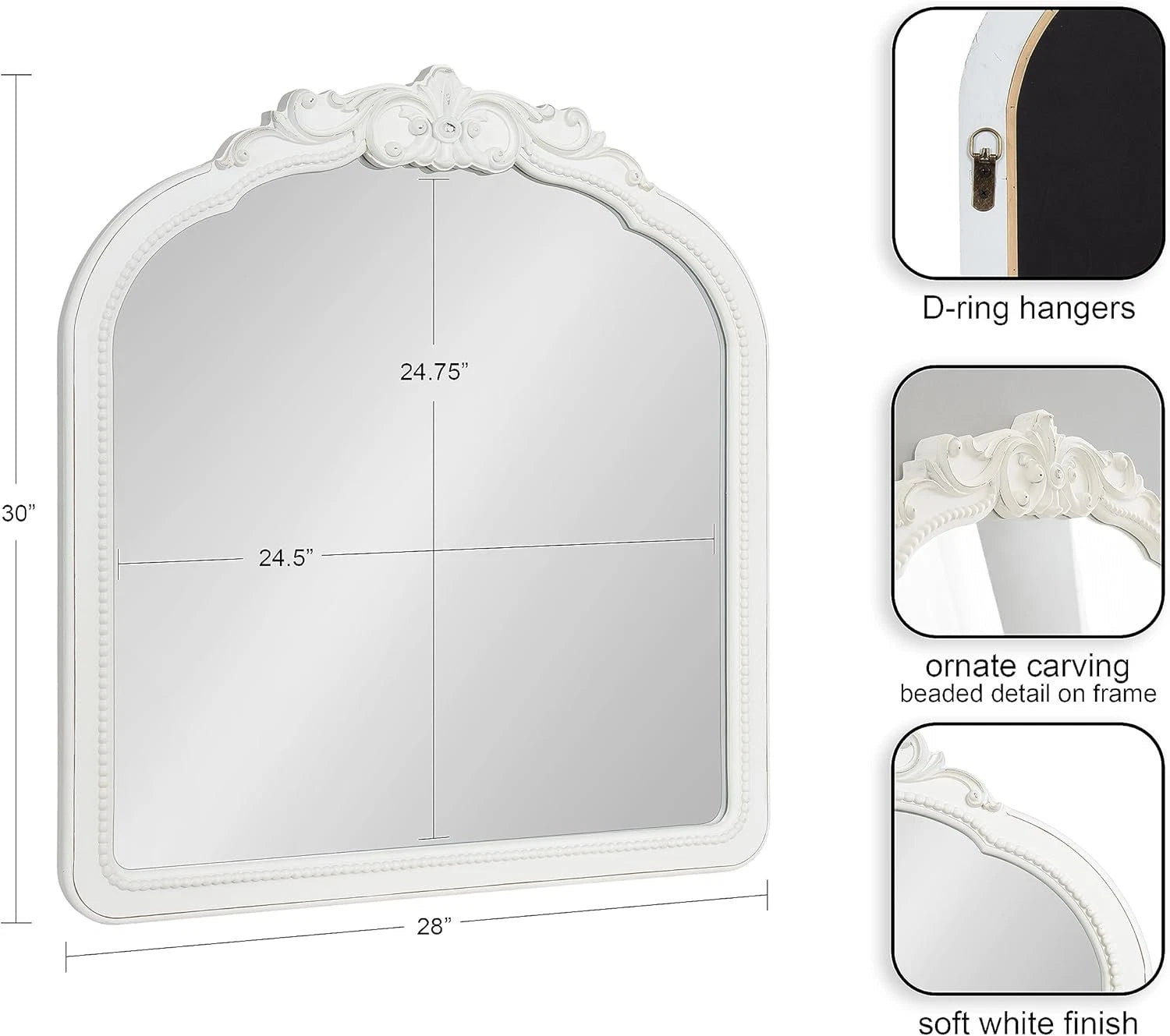 Happiness Jenelle Vintage Baroque Wall Mirror – 28x30 White Distressed Finish