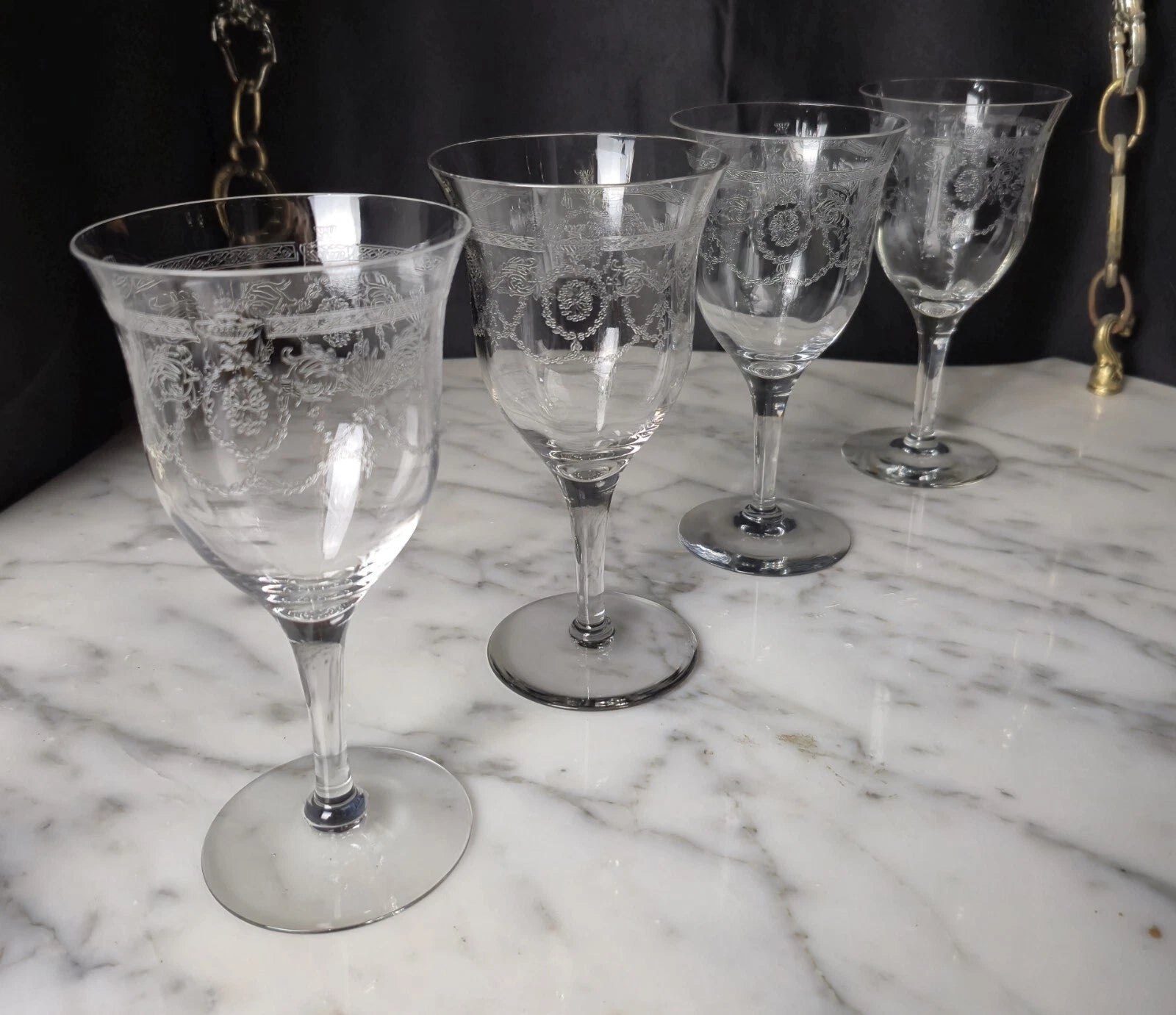 Happiness Vintage Etched Wine Glass Goblets – Set of 4, 9oz Antique Rare