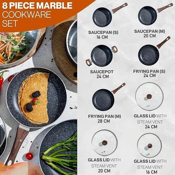 Happiness 8-Piece Nonstick Cookware Set – Frying Pans, Saucepans & Casserole