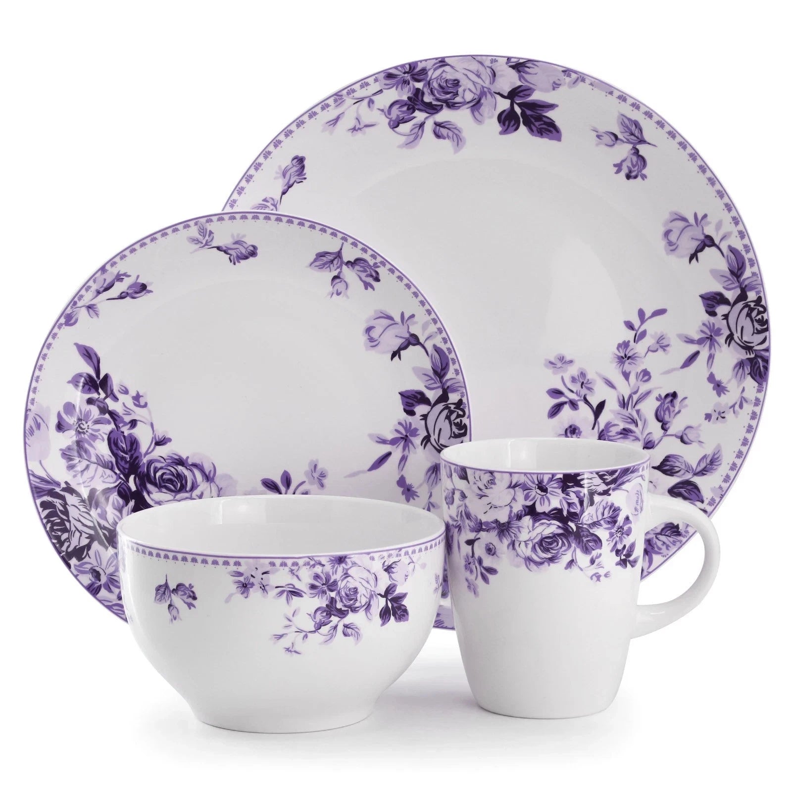 Happiness Traditional Purple Rose 16-Piece Stoneware Dinnerware Set