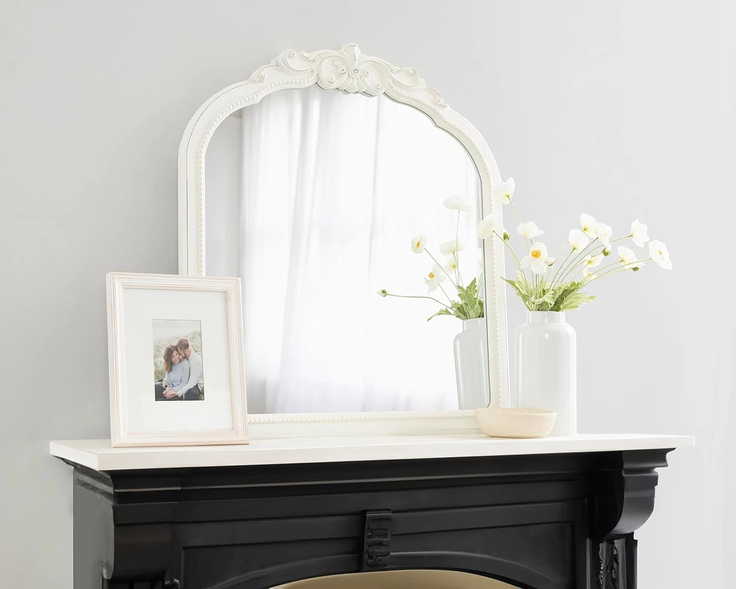 Happiness Jenelle Vintage Baroque Wall Mirror – 28x30 White Distressed Finish