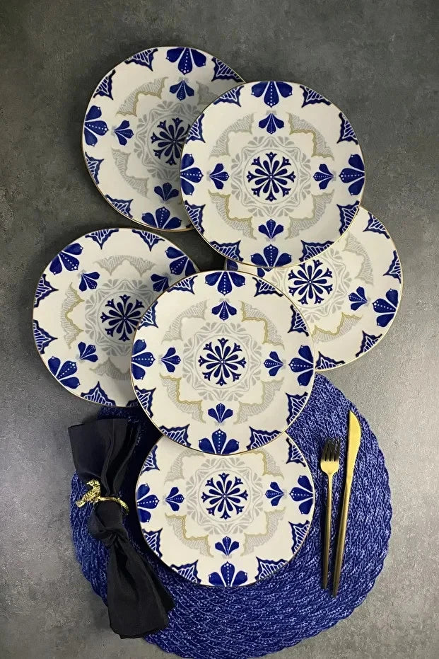 Happiness Bluer 6-Piece Dessert Plate Set – 21cm Floral Pattern Matte Finish