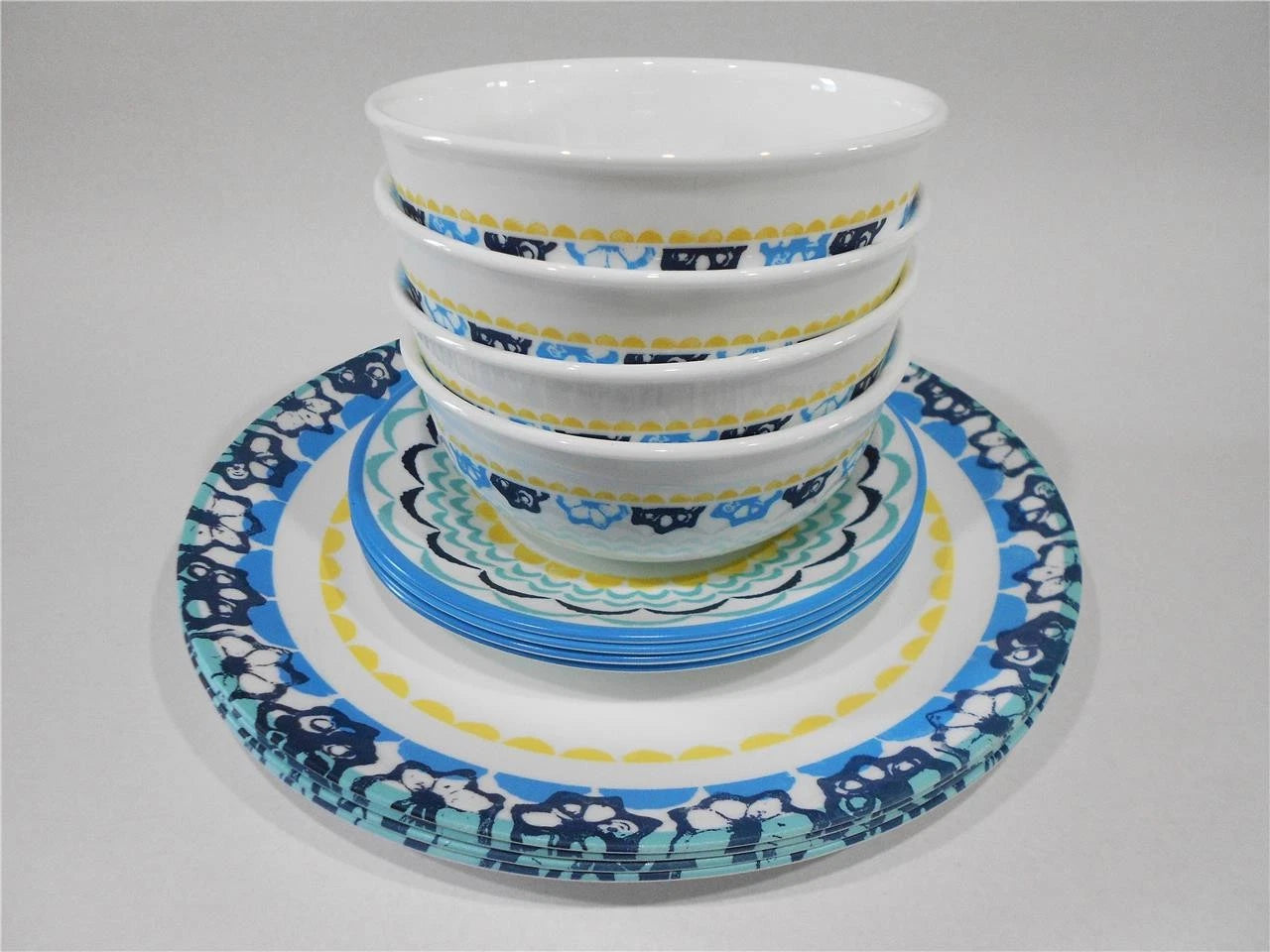 Happiness Boho Daydream 12-Piece Dinnerware Set – Yellow Blue Teal Florets