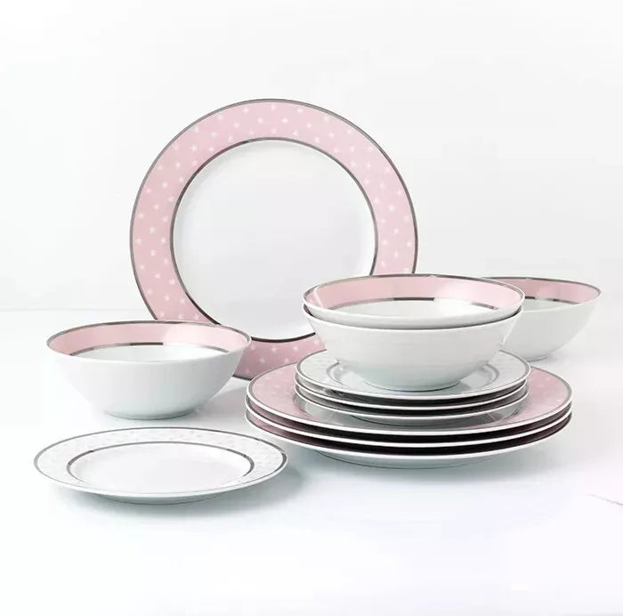 Happiness 12-Piece Porcelain Dinnerware Set – Pink Stars Plates & Bowls
