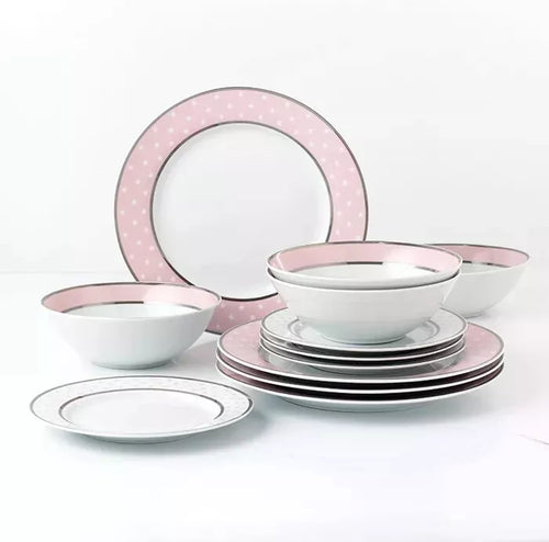 Happiness 12-Piece Porcelain Dinnerware Set – Pink Stars Plates & Bowls