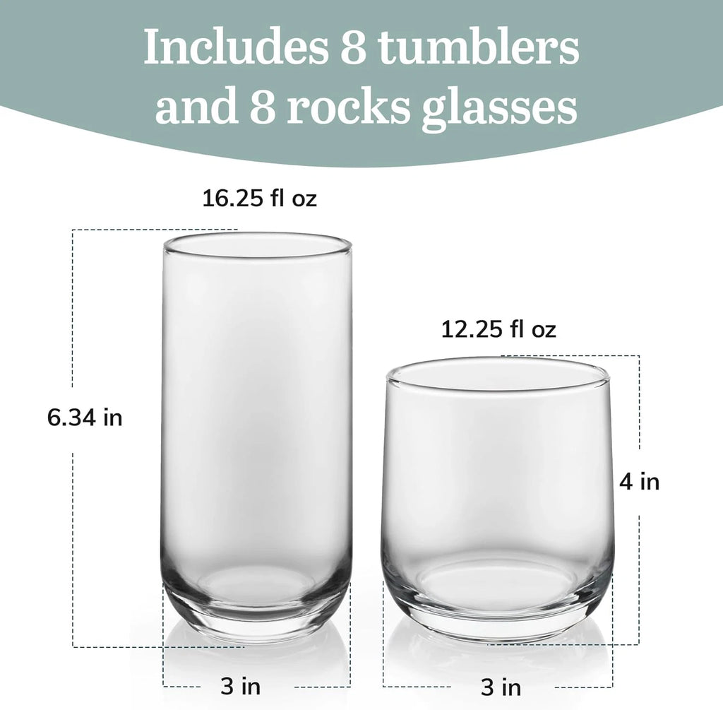Happiness Ascent Tumbler & Rocks Drinking Glasses – Set of 16