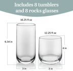 Happiness Ascent Tumbler & Rocks Drinking Glasses – Set of 16