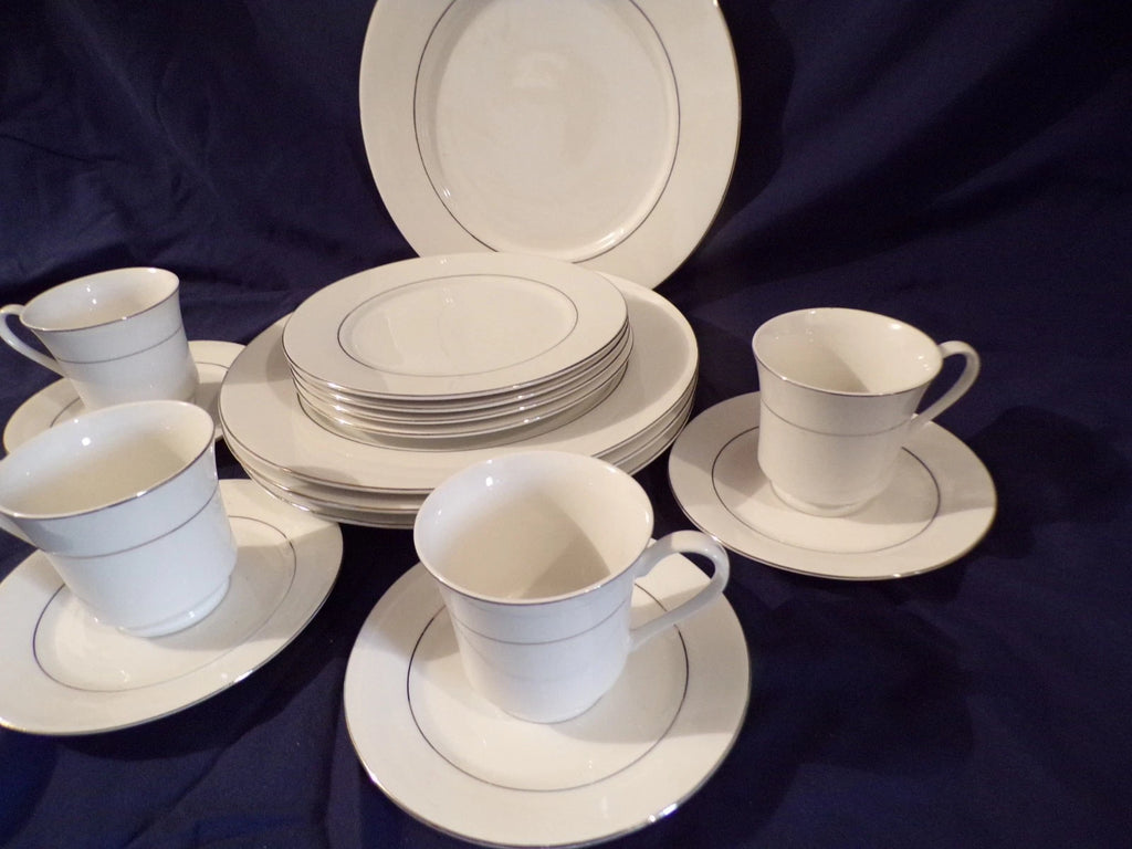 Happiness Classic Platinum China – White with Silver Trim Dinnerware Set for 4 | Vintage