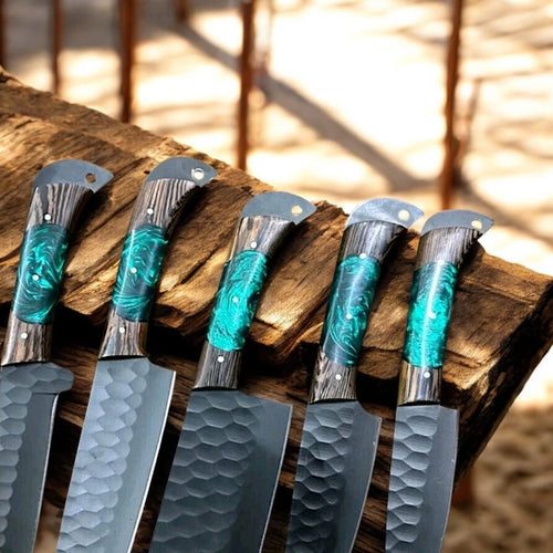 HANDMADE DAMASCUS KITCHEN/CHEF KNIFE SET WITH LEATHER BAG 05 PC'S SET BW 1064