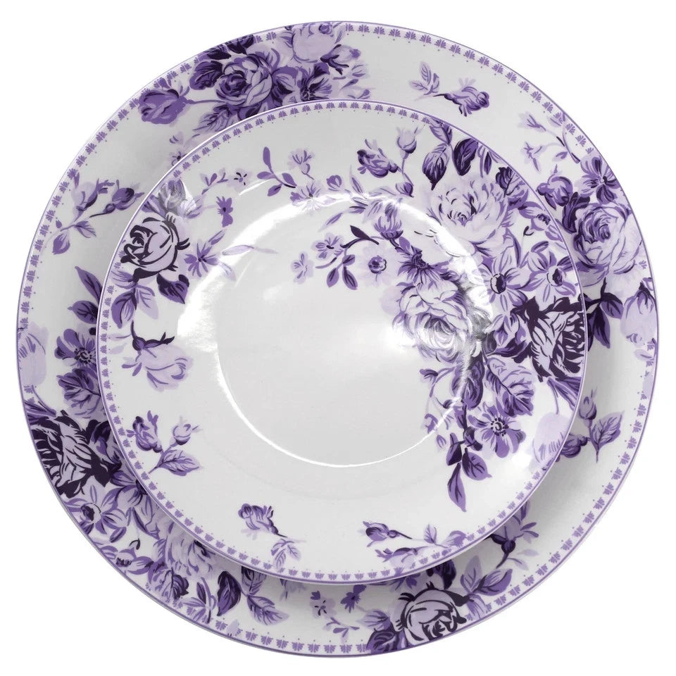 Happiness Traditional Purple Rose 16-Piece Stoneware Dinnerware Set