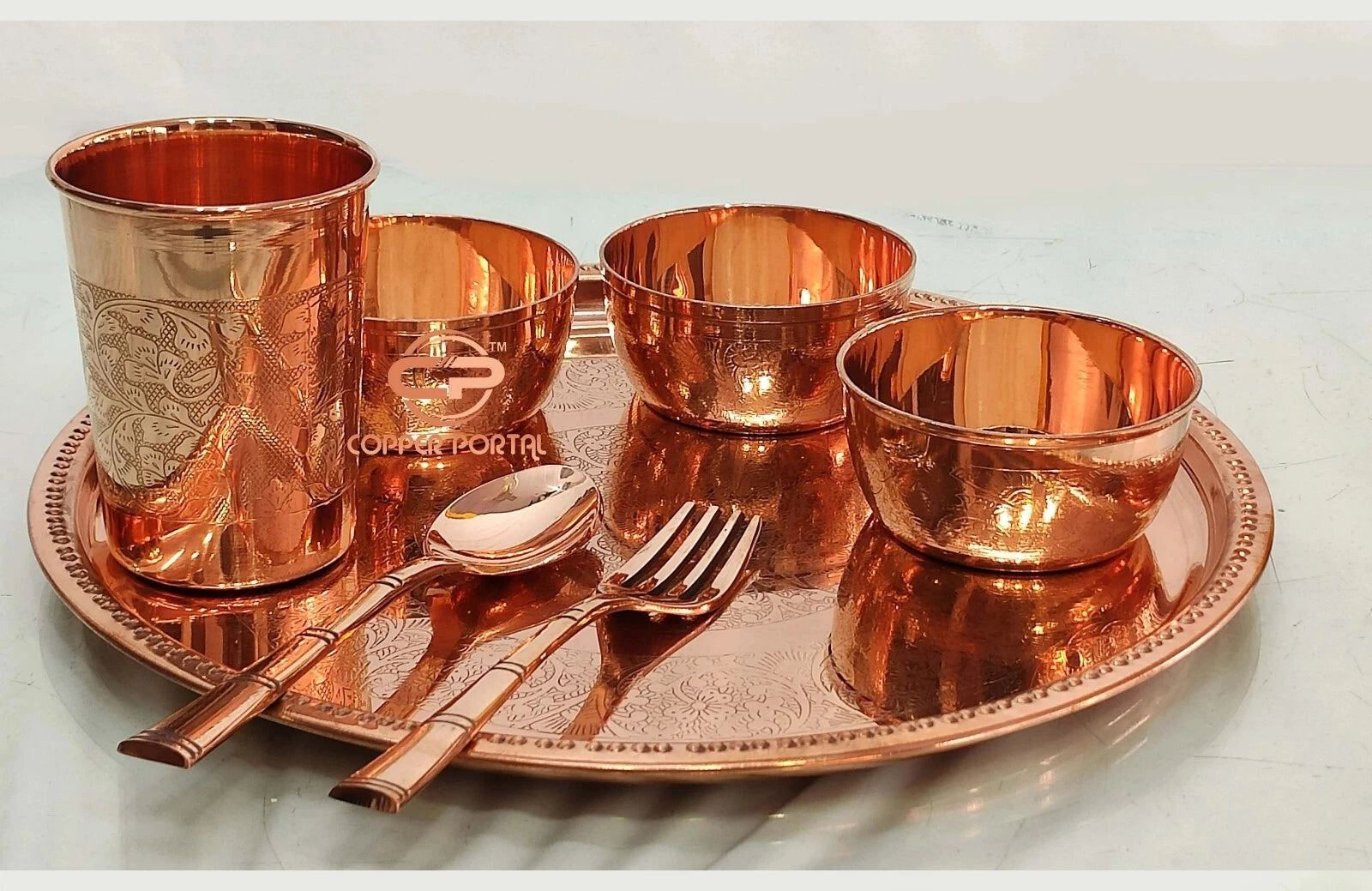 Happiness Pure Copper Dinner Set – Embossed Handcrafted Tableware for Entertaining