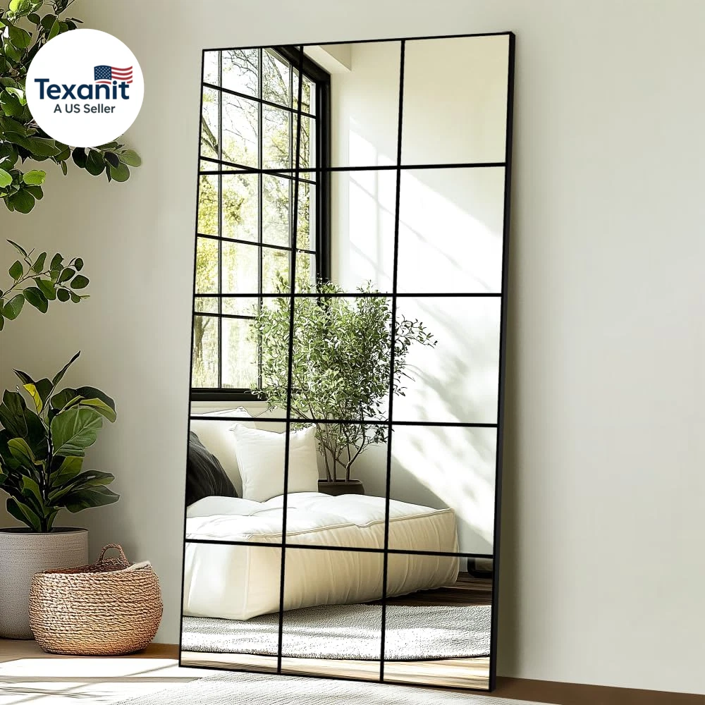Happiness Window Pane Decorative Mirror – 28"x55" Black Metal Frame