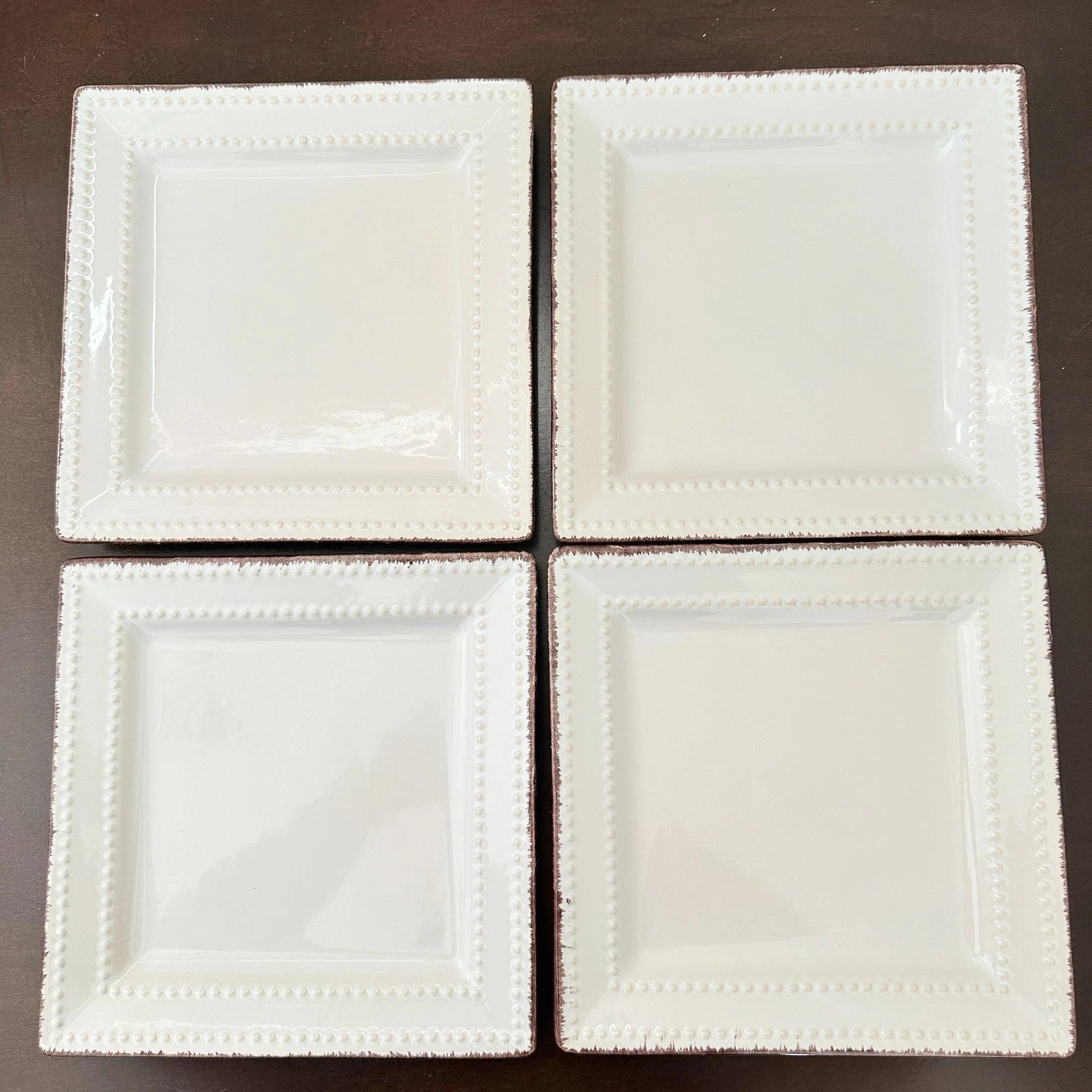 Happiness Square Beaded Stoneware Dinnerware Set – Brown Trim, Set of 8