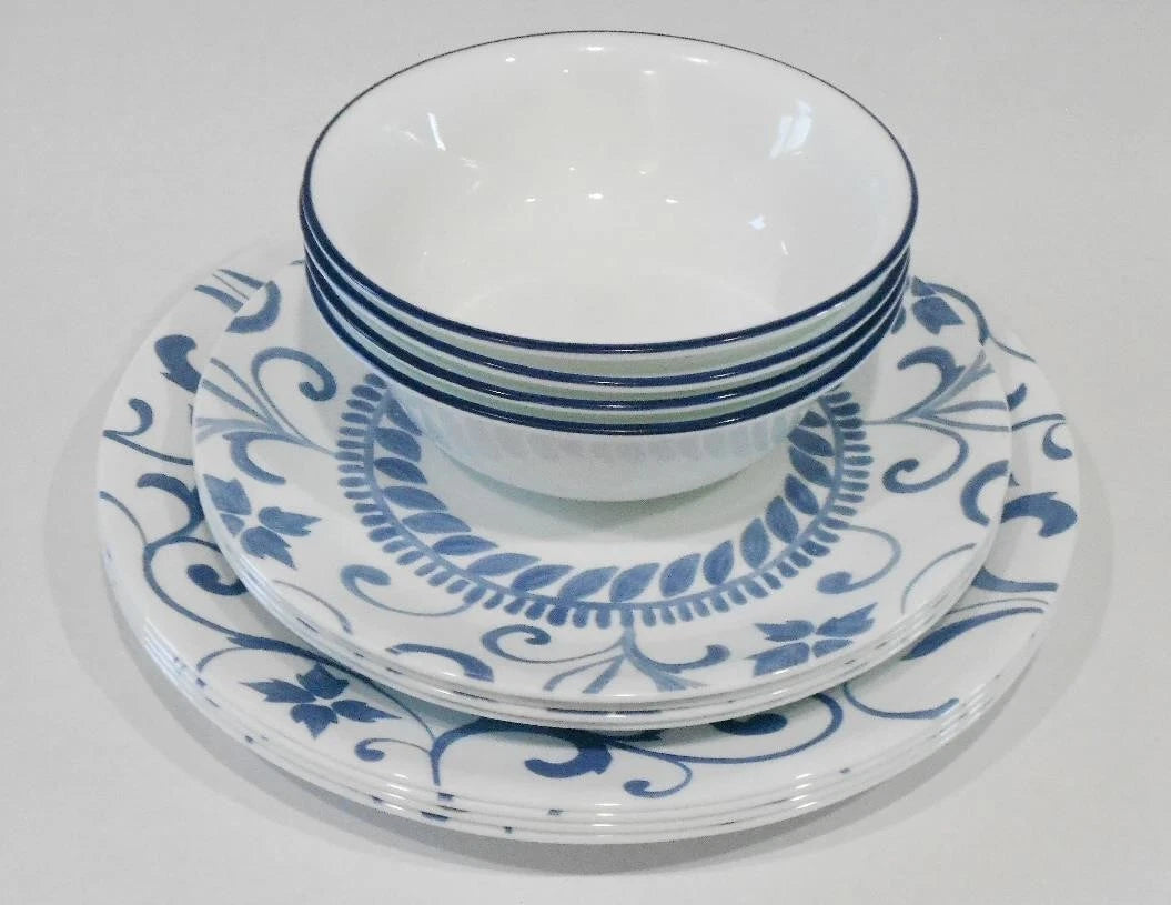 Happiness Artemis 12-Piece Dinnerware Set – Cool Blue Floral Tendrils