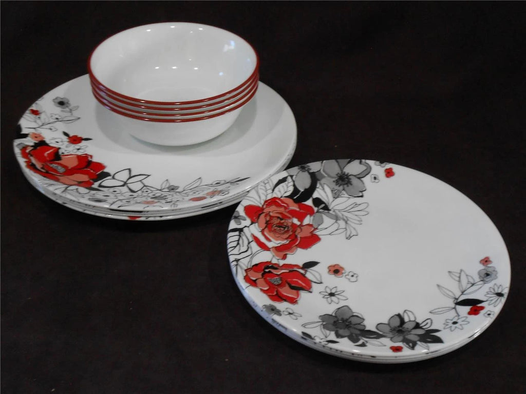 Happiness Chelsea Rose 12-Piece Round Dinnerware Set – Floral Red Gray Black