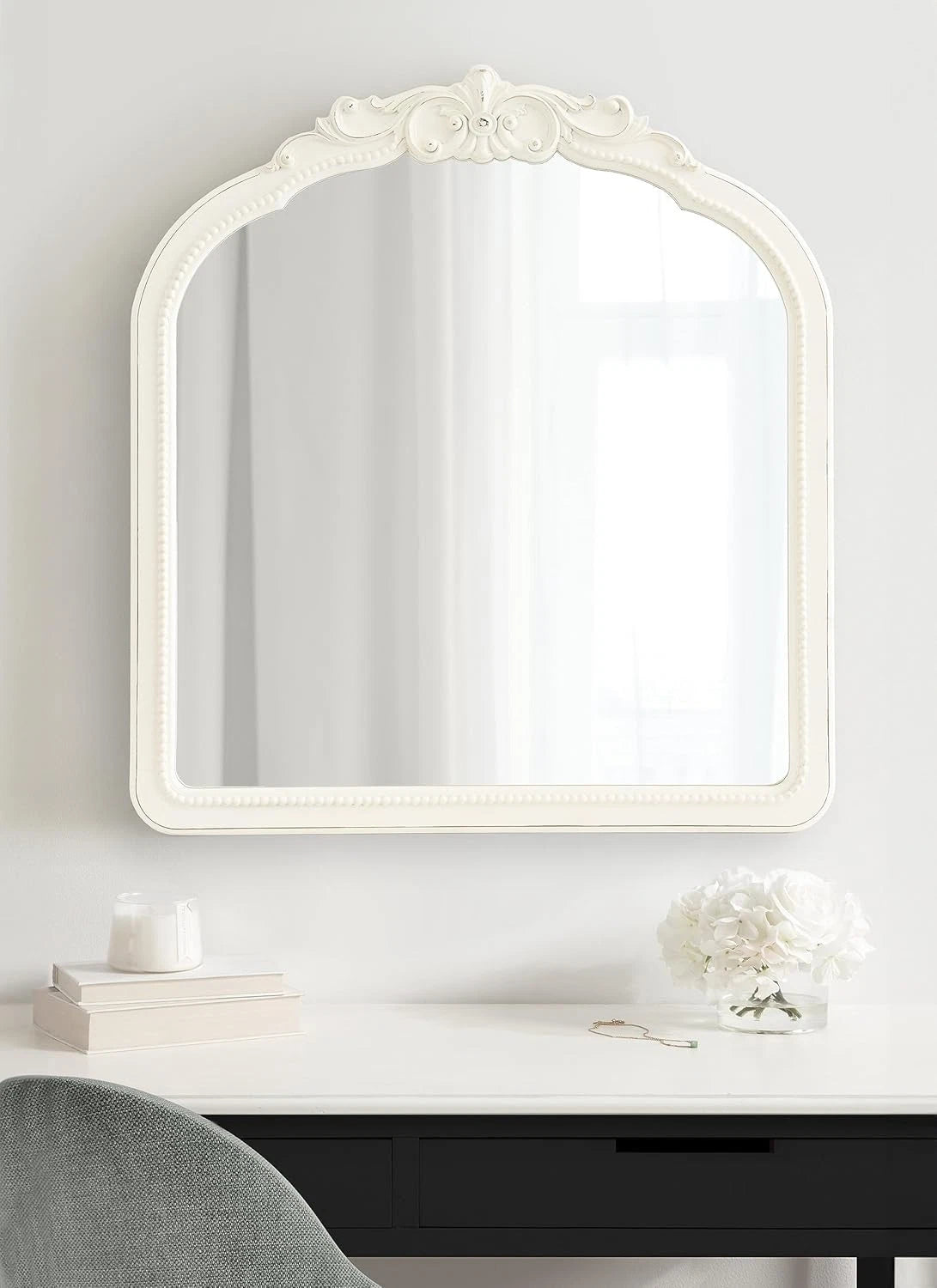 Happiness Jenelle Vintage Baroque Wall Mirror – 28x30 White Distressed Finish
