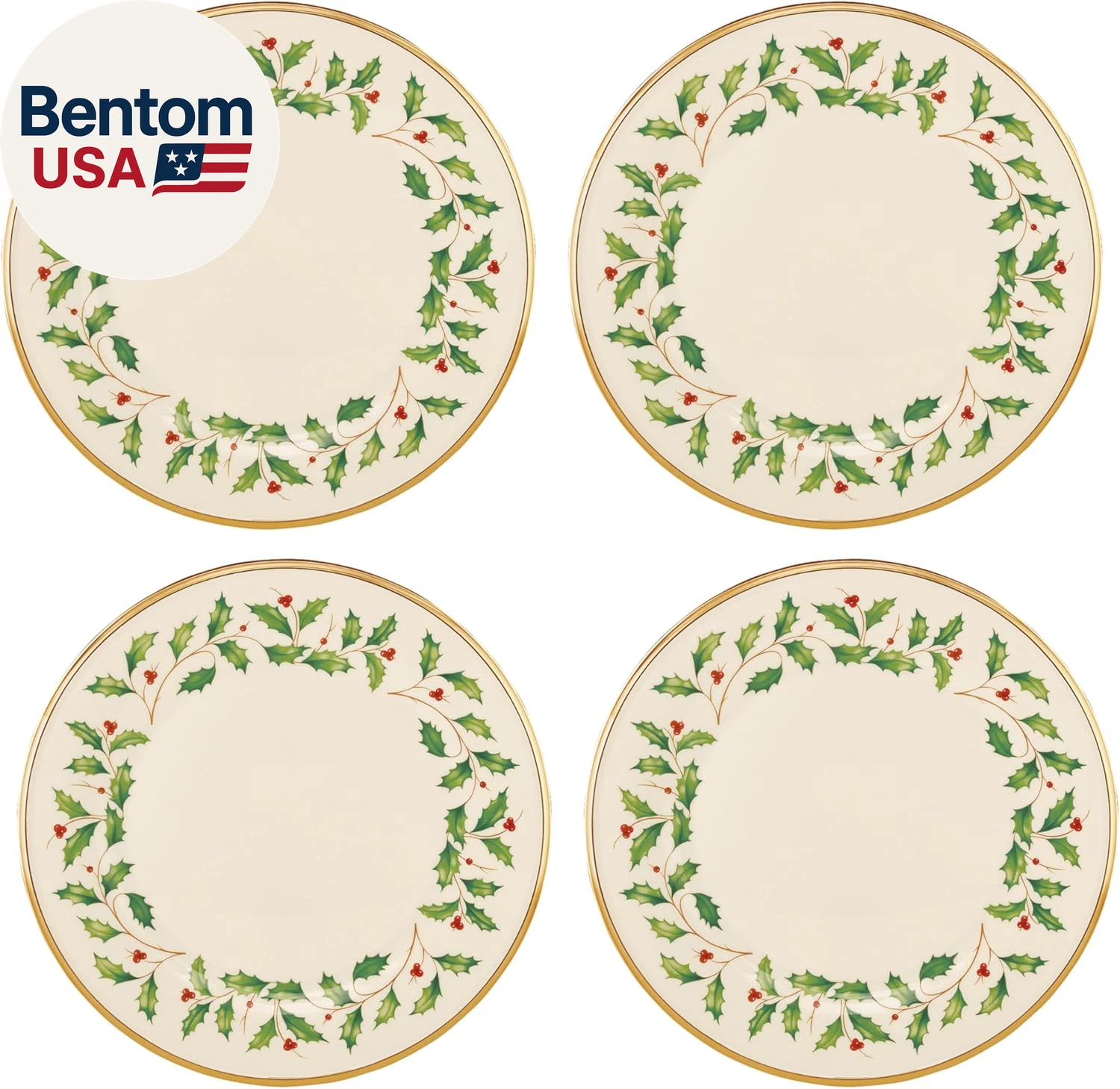 Happiness Holiday Dinnerware Dinner Plates – Set of 4, Red & Green Christmas Design