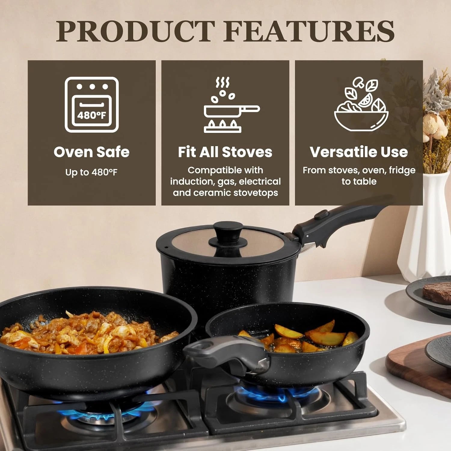Happiness Nonstick Pots & Pans Set – Detachable Handle, Non-Toxic