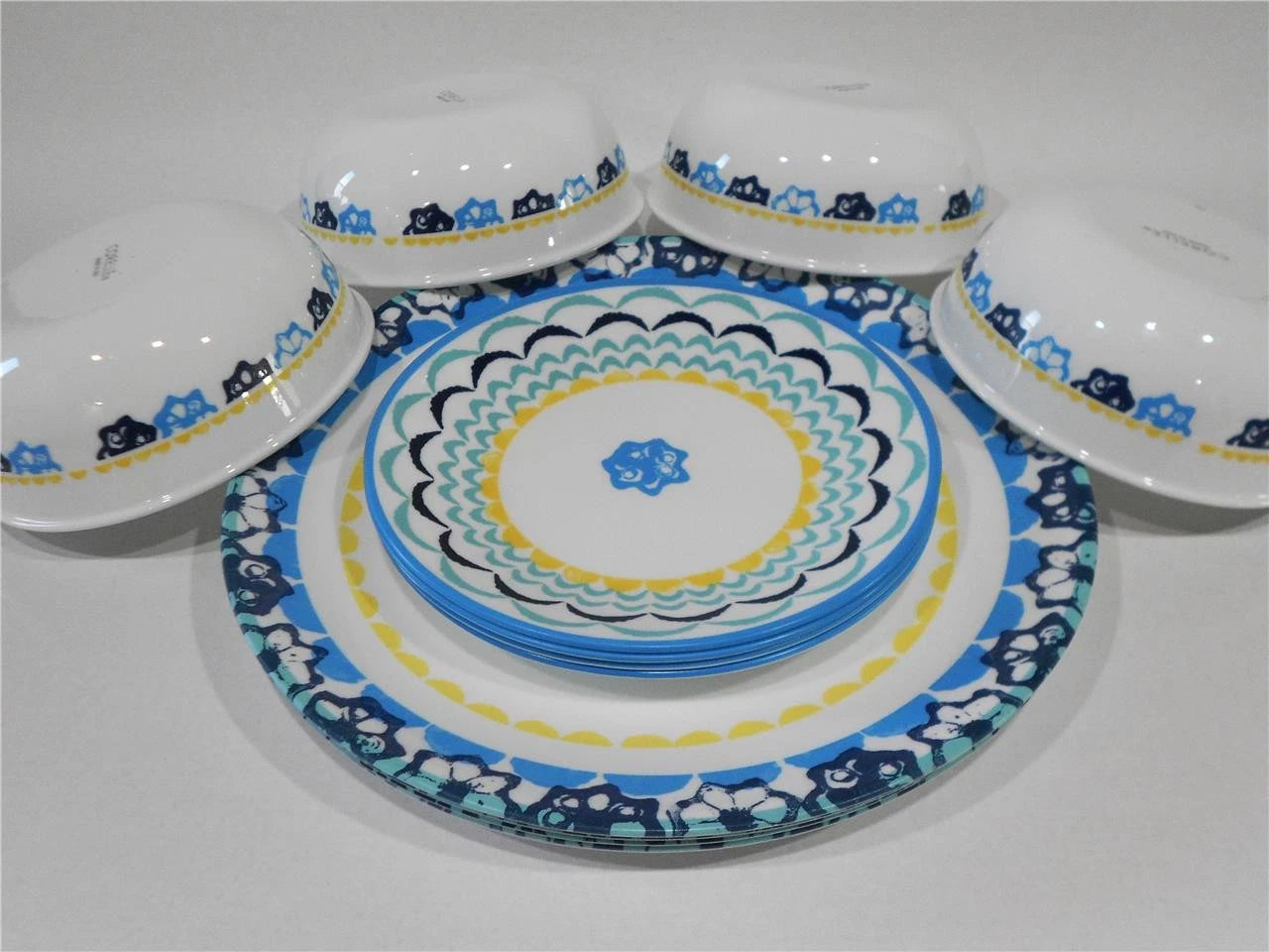 Happiness Boho Daydream 12-Piece Dinnerware Set – Yellow Blue Teal Florets