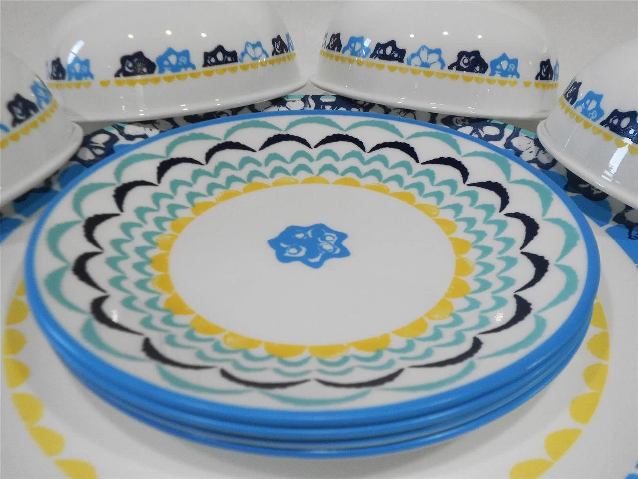 Happiness Boho Daydream 12-Piece Dinnerware Set – Yellow Blue Teal Florets