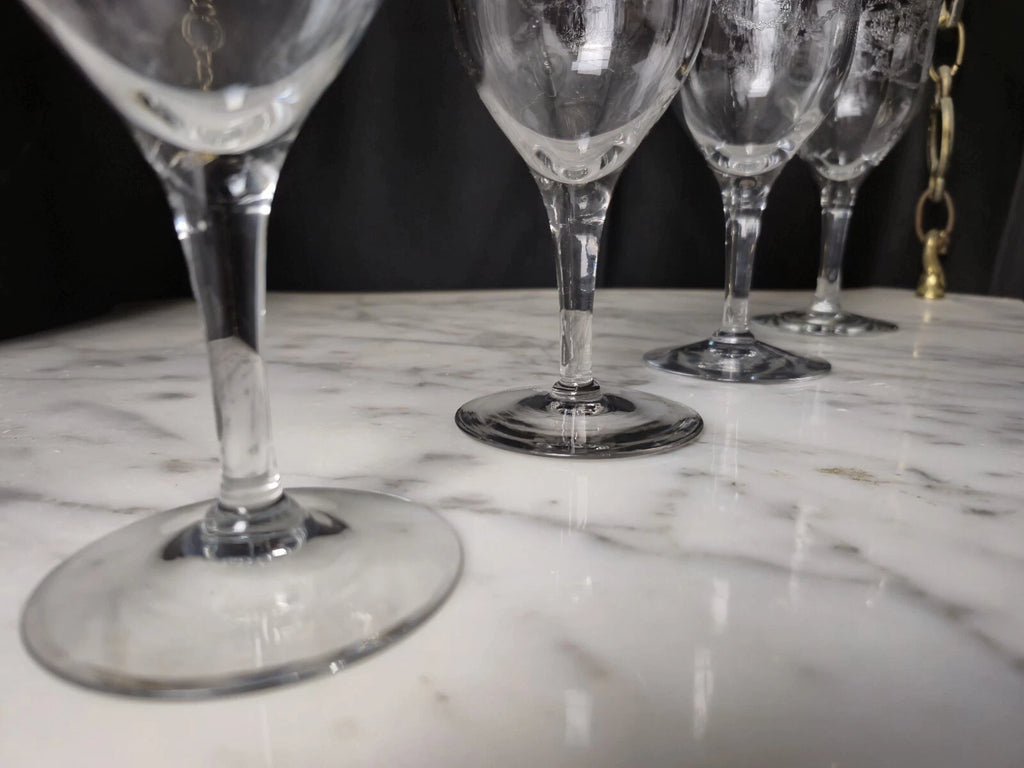 Happiness Vintage Etched Wine Glass Goblets – Set of 4, 9oz Antique Rare