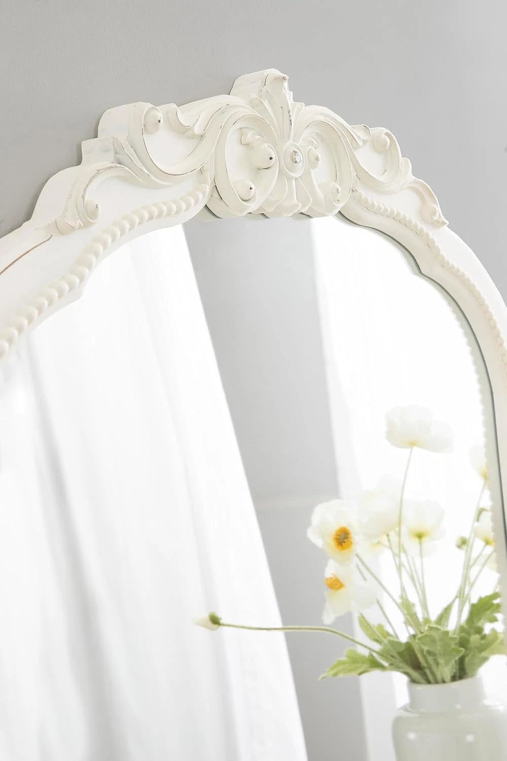 Happiness Jenelle Vintage Baroque Wall Mirror – 28x30 White Distressed Finish