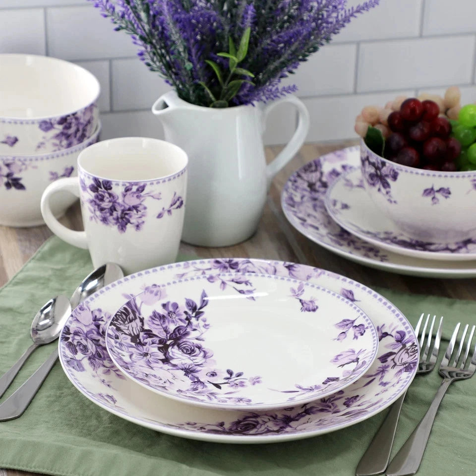 Happiness Traditional Purple Rose 16-Piece Stoneware Dinnerware Set