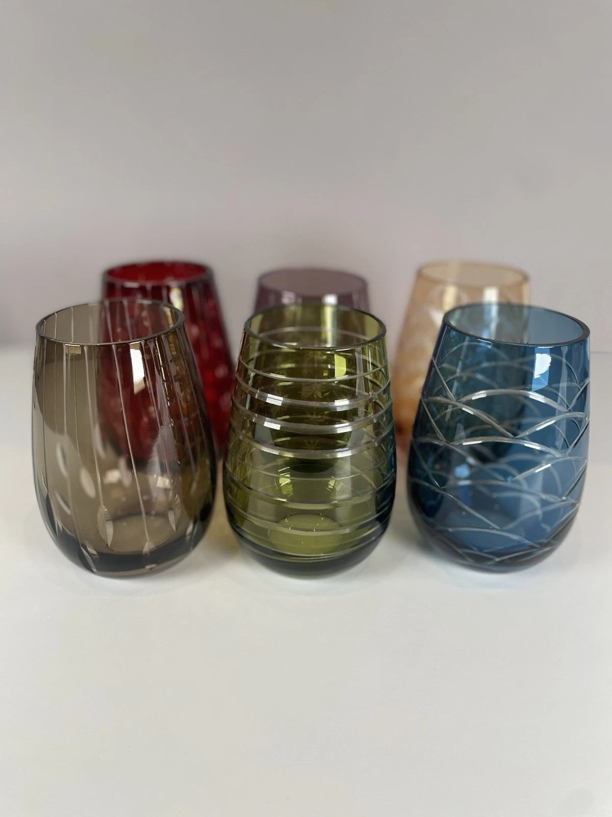 Happiness Bella Festiva Colored Cut Glass Stemless Glasses – Set of 6