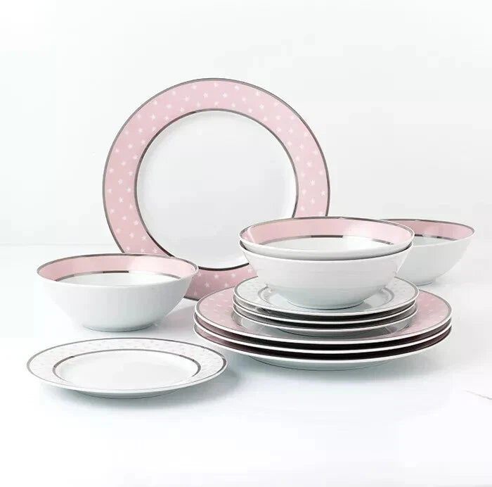 Happiness 12-Piece Porcelain Dinnerware Set – Pink Stars Plates & Bowls