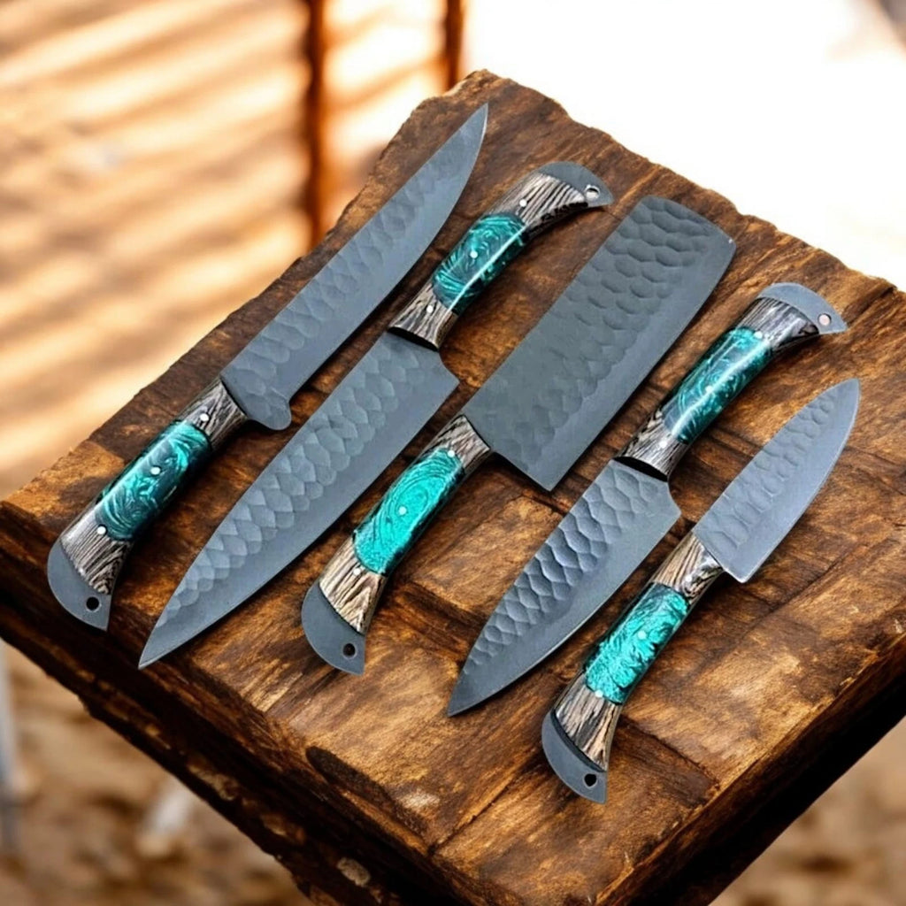 HANDMADE DAMASCUS KITCHEN/CHEF KNIFE SET WITH LEATHER BAG 05 PC'S SET BW 1064