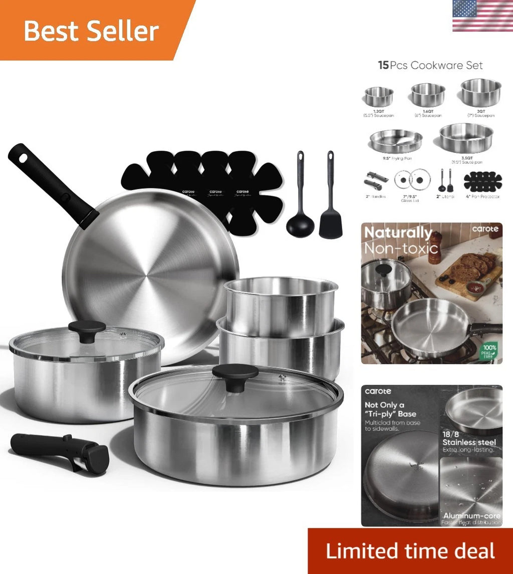 Happiness 15-Piece Induction Cookware Set – Stainless Steel with Removable Handles