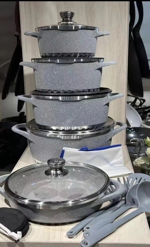 Happiness 12-Piece Granite Gray Nonstick Cookware Set – Dishwasher Safe
