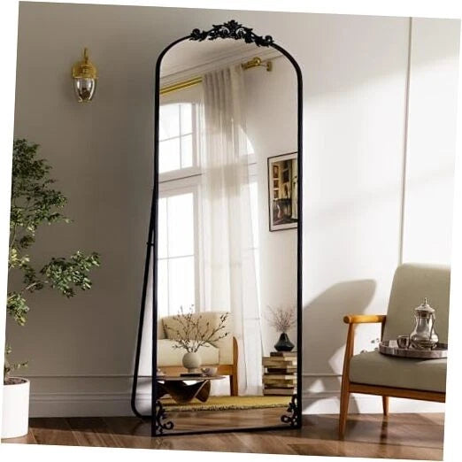 Happiness Vintage Full Length Mirror – 56"x21" Carved Arched Black Frame