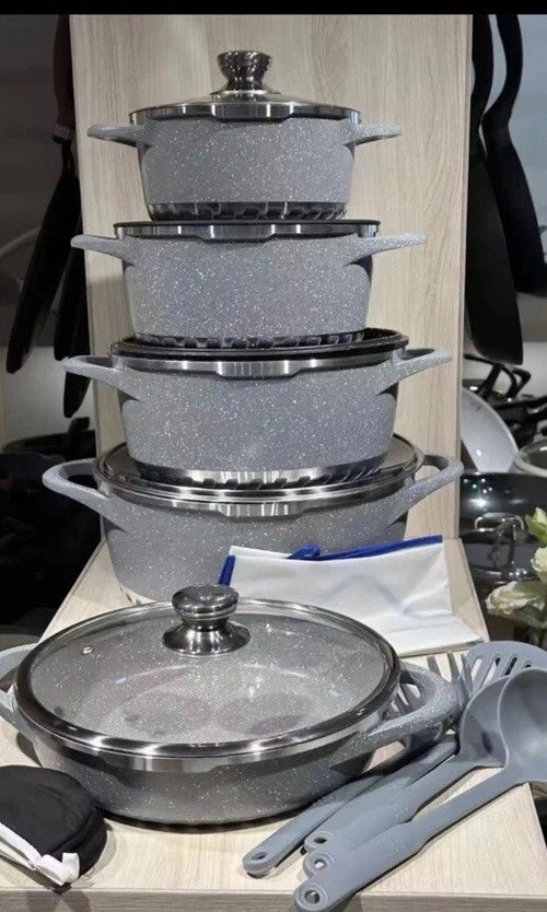 Happiness 12-Piece Granite Gray Nonstick Cookware Set – Dishwasher Safe