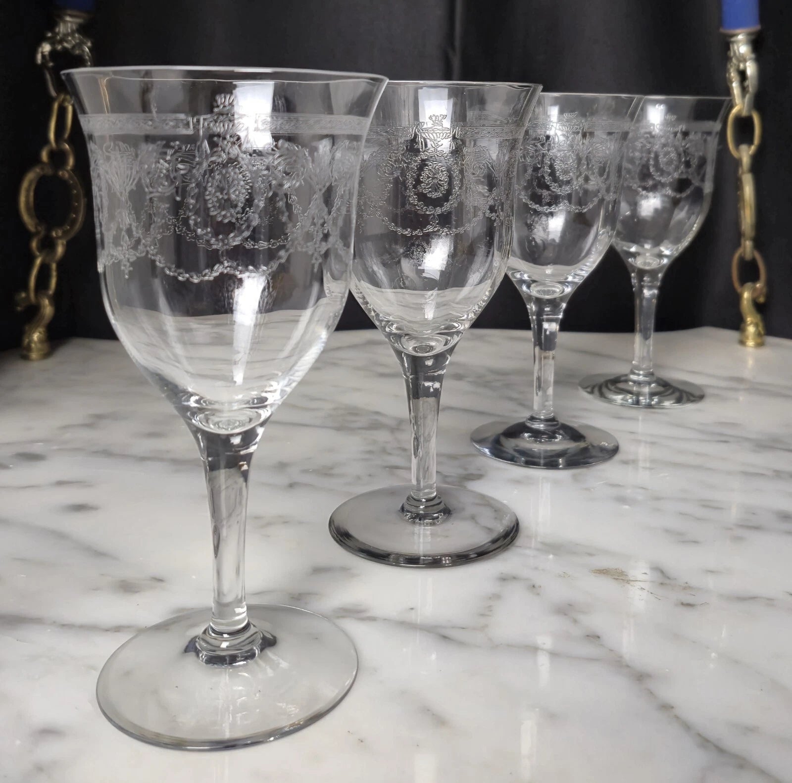 Happiness Vintage Etched Wine Glass Goblets – Set of 4, 9oz Antique Rare
