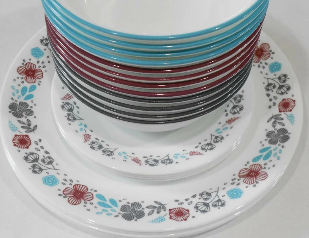 Happiness Nordic Bloom 12-Piece Dinnerware Set – Wildflowers Raspberry Teal Gray