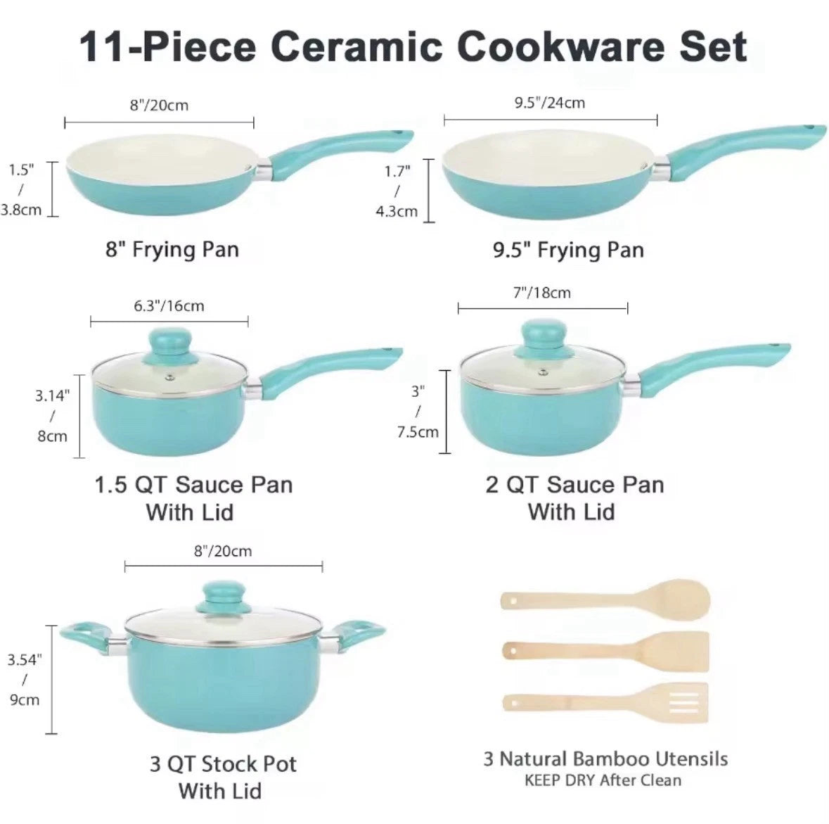 Happiness 11-Piece Ceramic Nonstick Cookware Set – Turquoise