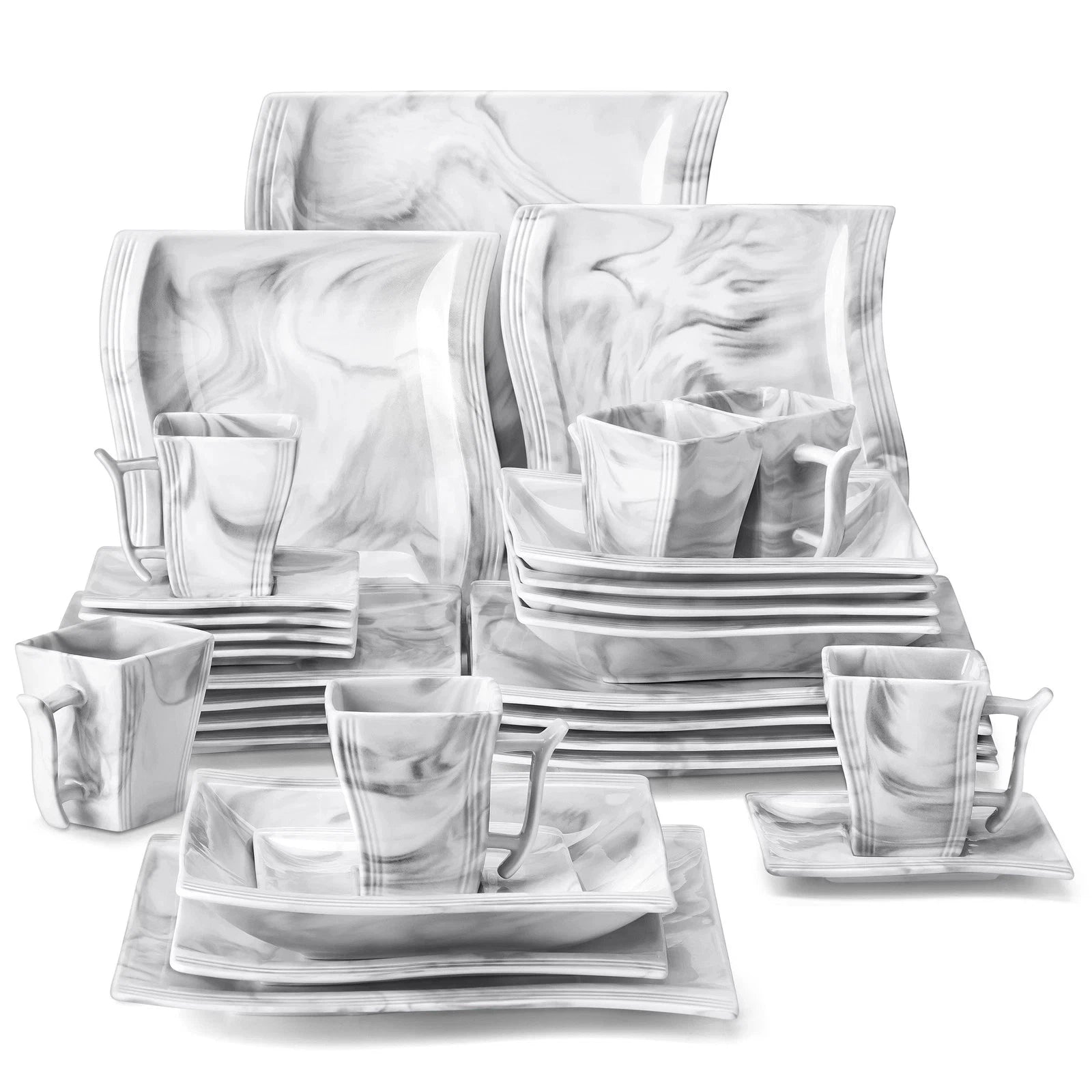 Happiness Flora 30-Piece Porcelain Marble Grey Dinnerware Set
