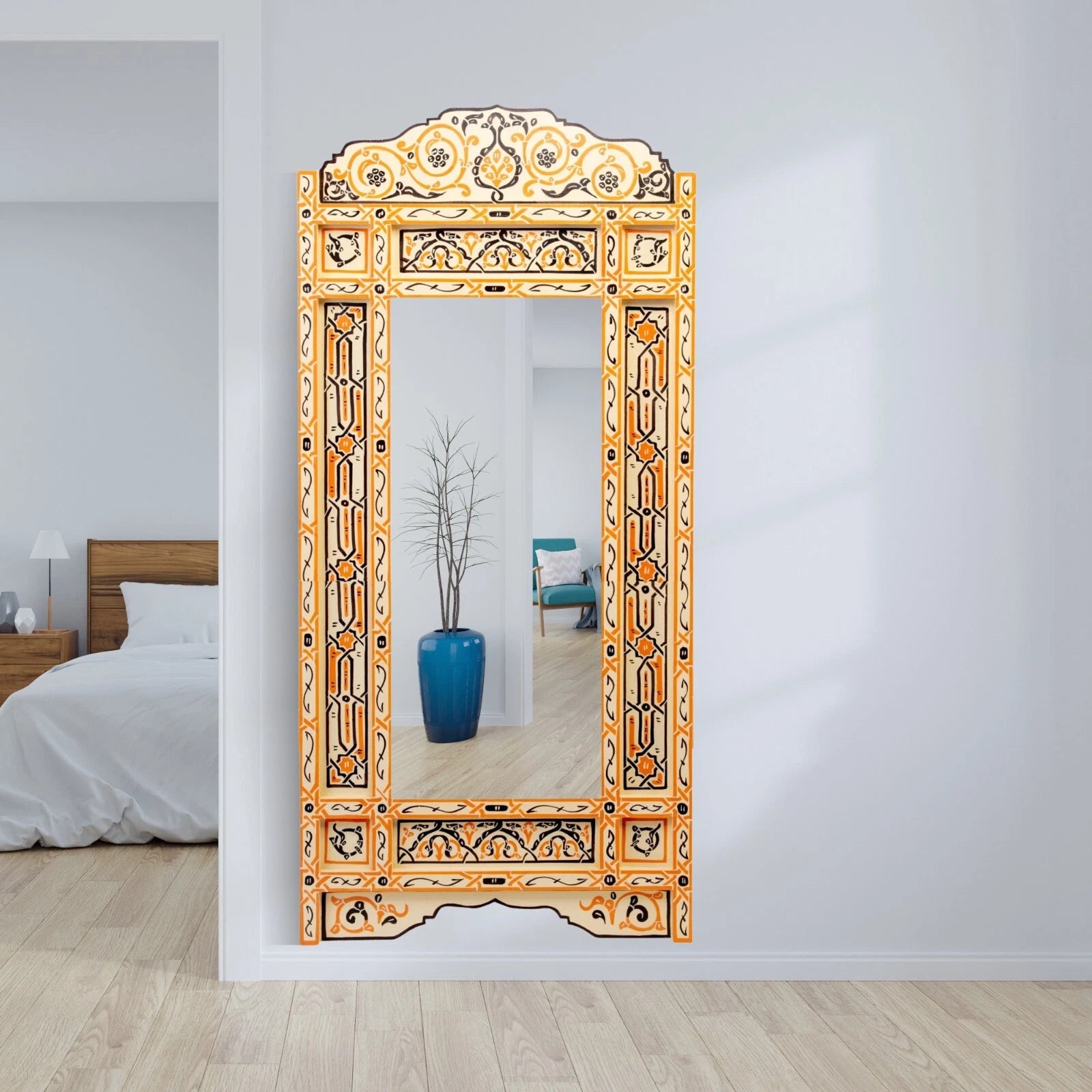 Happiness Beige Full Length Floor Mirror – Moroccan Handpainted Frame