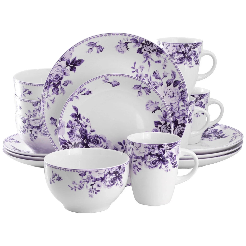 Happiness Traditional Purple Rose 16-Piece Stoneware Dinnerware Set