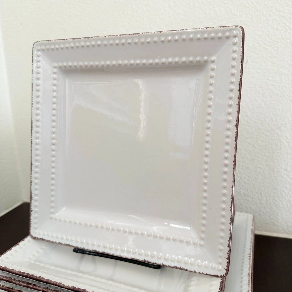 Happiness Square Beaded Stoneware Dinnerware Set – Brown Trim, Set of 8