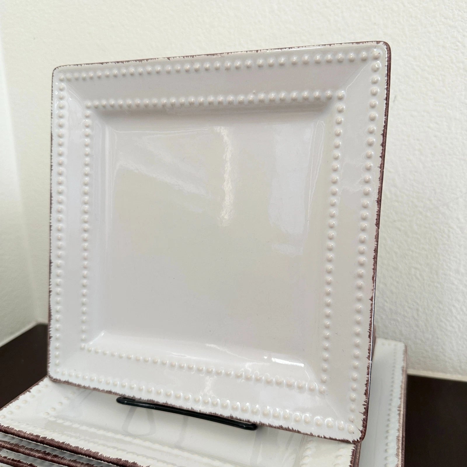 Happiness Square Beaded Stoneware Dinnerware Set – Brown Trim, Set of 8