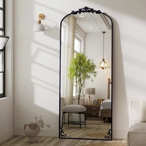 Happiness Vintage Full Length Mirror – 56"x21" Carved Arched Black Frame