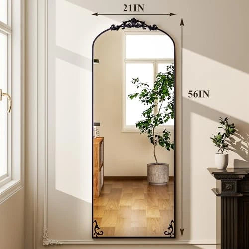 Happiness Vintage Full Length Mirror – 56"x21" Carved Arched Black Frame