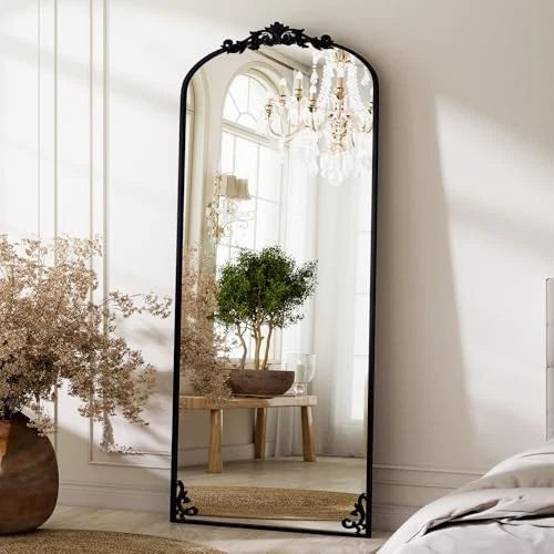 Happiness Vintage Full Length Mirror – 56"x21" Carved Arched Black Frame