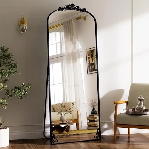 Happiness Vintage Full Length Mirror – 56"x21" Carved Arched Black Frame